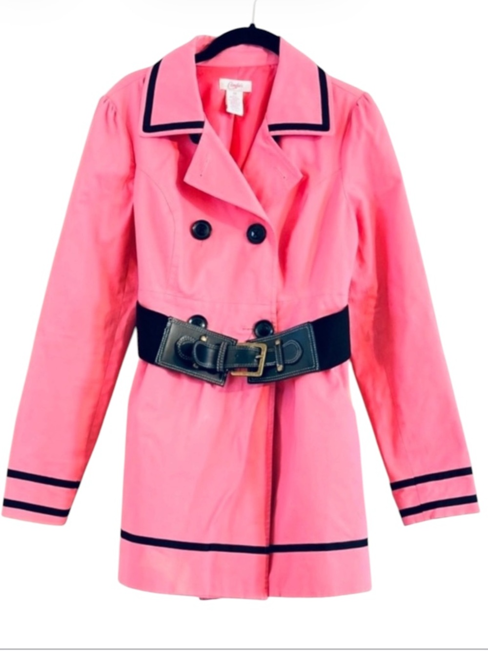 Candie’s Pink Double Breasted Trench Coat Trimmed In Black Size M